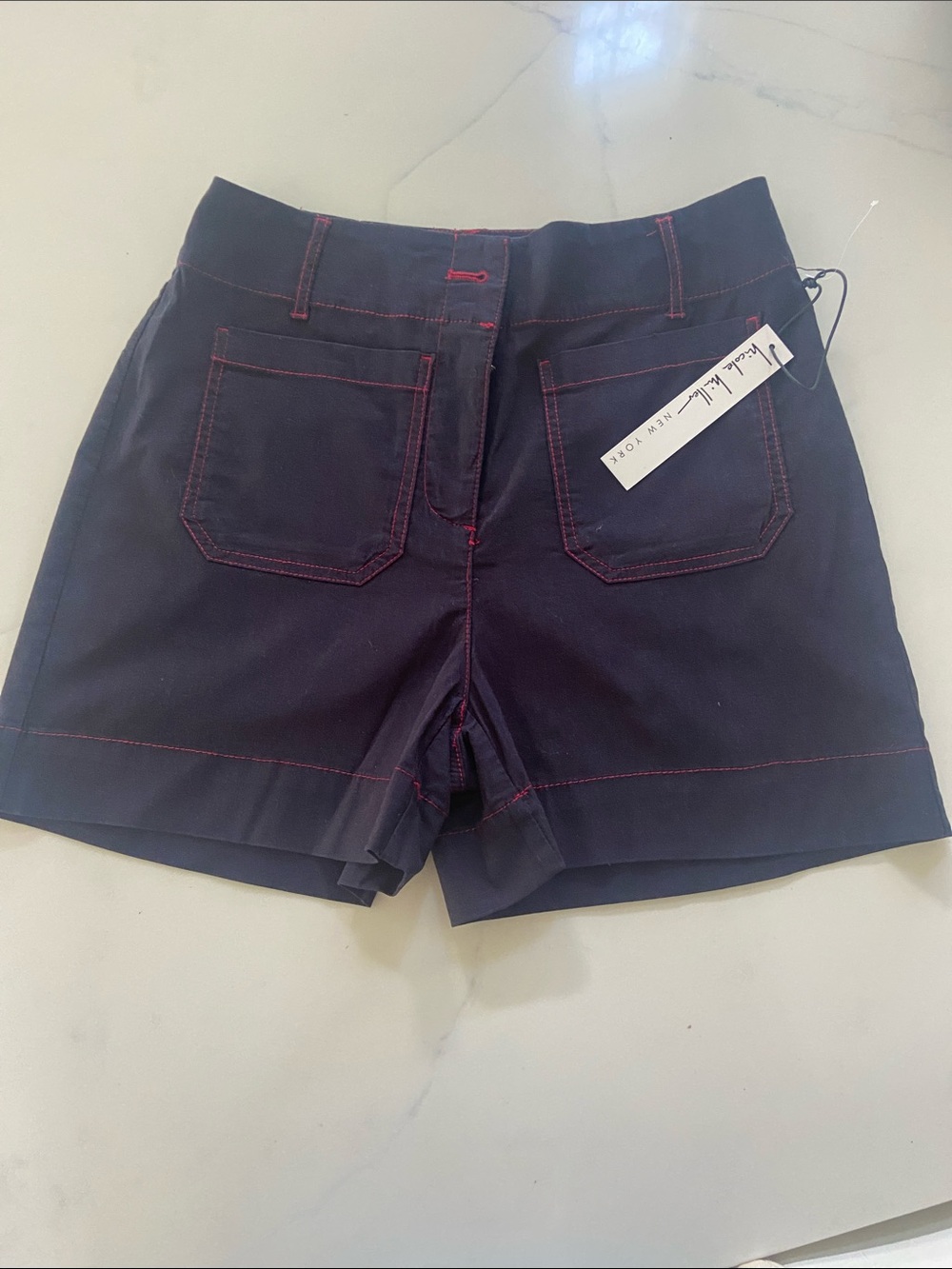 Nicole miller Navy High-Waist Shorts with Pink Contrast Stitching